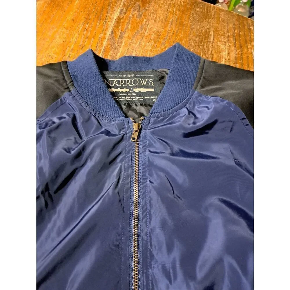 Large The Narrows Black Blue Retro Zip Windbreaker Jacket Lined w Pockets